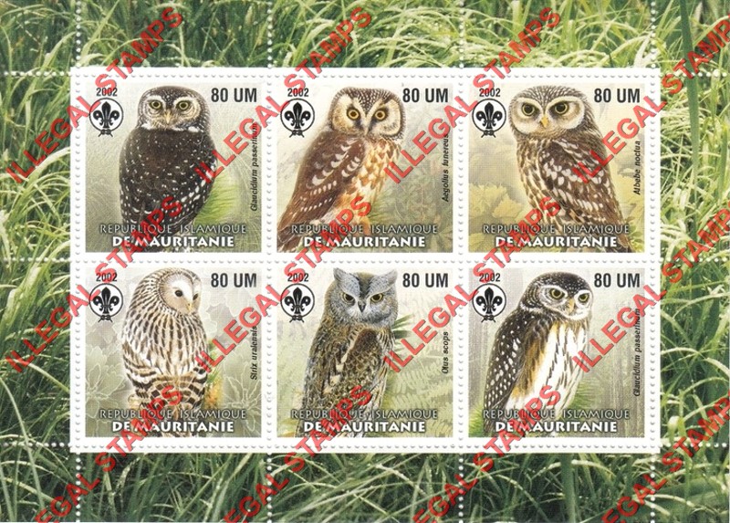 MAURITANIA 2002 Birds of Prey with Scouts Logo Counterfeit Illegal Stamp Souvenir Sheet of 6 (Sheet 7)