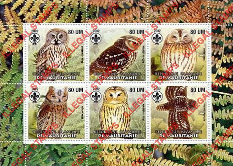 MAURITANIA 2002 Birds of Prey with Scouts Logo Counterfeit Illegal Stamp Souvenir Sheet of 6 (Sheet 8)