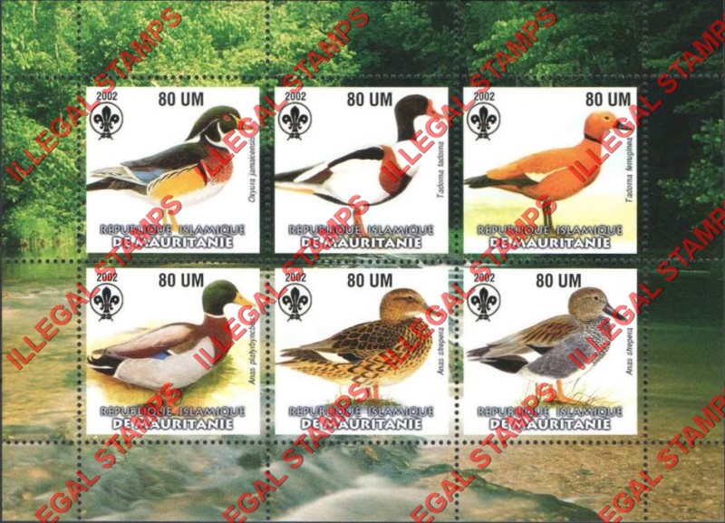 MAURITANIA 2002 Ducks with Scouts Logo Counterfeit Illegal Stamp Souvenir Sheet of 6 (Sheet 1)