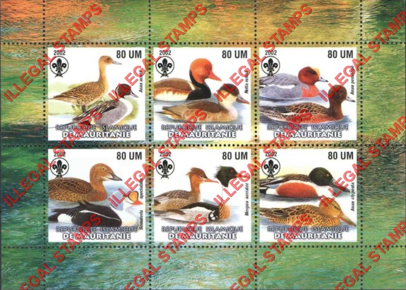 MAURITANIA 2002 Ducks with Scouts Logo Counterfeit Illegal Stamp Souvenir Sheet of 6 (Sheet 2)
