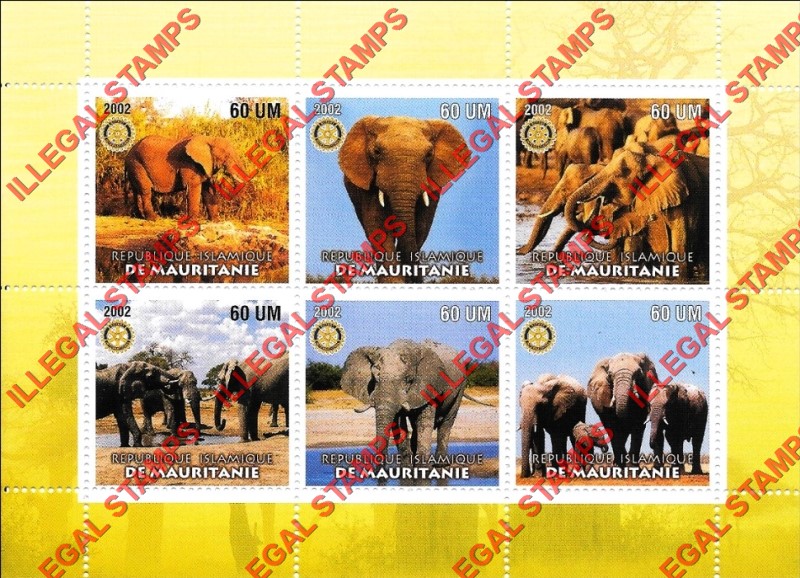 MAURITANIA 2002 Elephants with Rotary Logo Counterfeit Illegal Stamp Souvenir Sheet of 6 (Sheet 1)