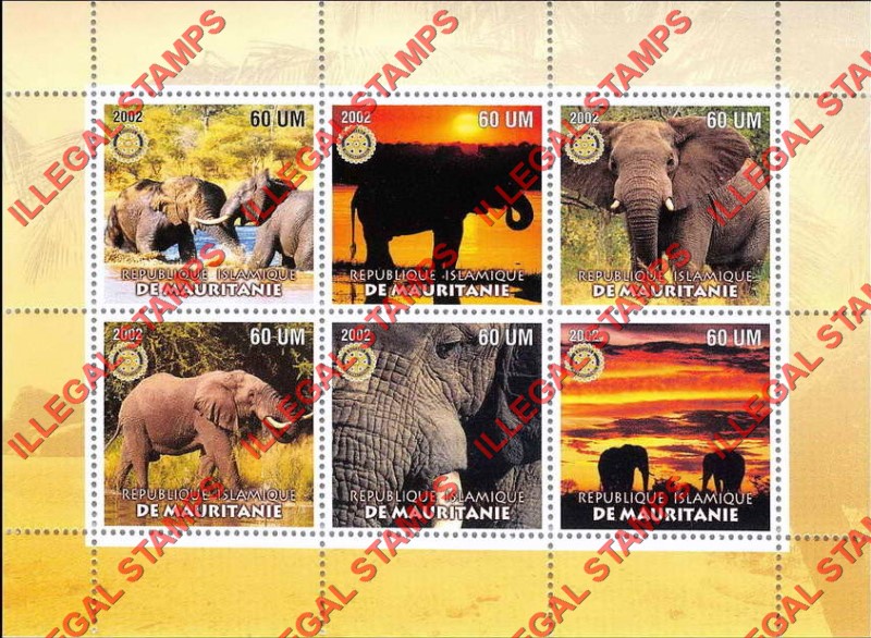 MAURITANIA 2002 Elephants with Rotary Logo Counterfeit Illegal Stamp Souvenir Sheet of 6 (Sheet 2)