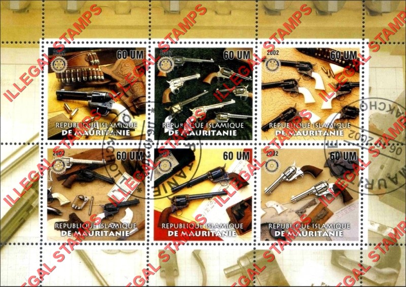 MAURITANIA 2002 Firearms Guns Six Shooters with Rotary Logo Counterfeit Illegal Stamp Souvenir Sheet of 6 (Sheet 1)