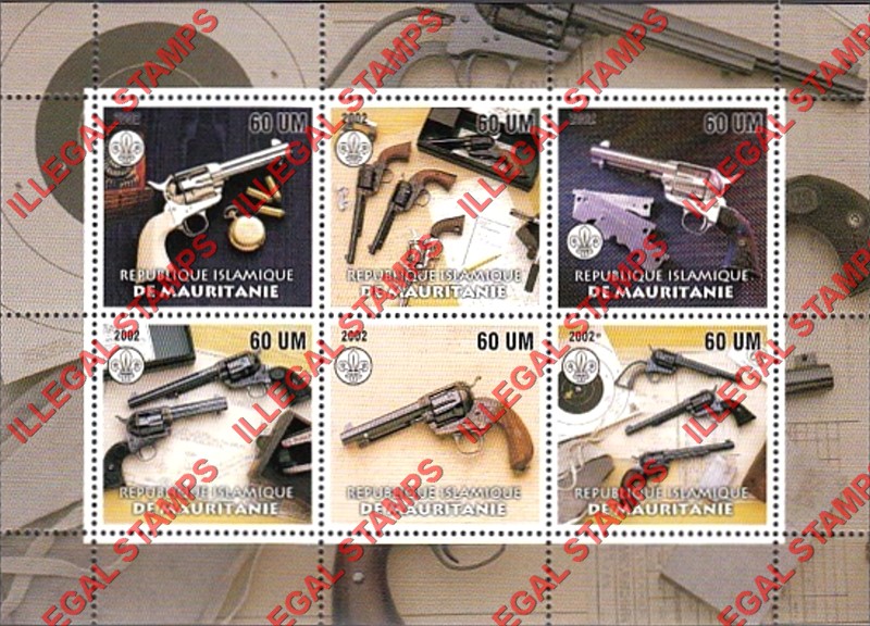 MAURITANIA 2002 Firearms Guns Six Shooters with Scouts Logo Counterfeit Illegal Stamp Souvenir Sheet of 6 (Sheet 2)