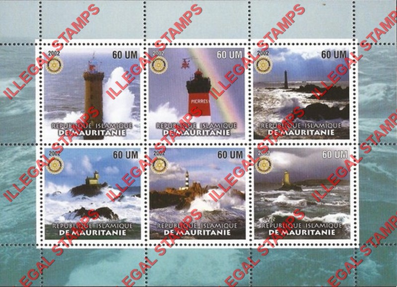 MAURITANIA 2002 Lighthouses with Rotary Logo Counterfeit Illegal Stamp Souvenir Sheet of 6 (Sheet 1)