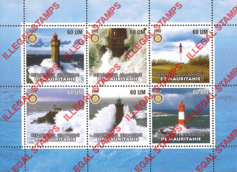 MAURITANIA 2002 Lighthouses with Rotary Logo Counterfeit Illegal Stamp Souvenir Sheet of 6 (Sheet 2)