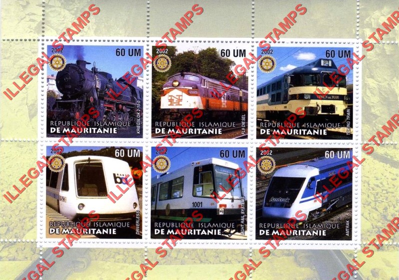 MAURITANIA 2002 Locomotives Trains with Rotary Logo Counterfeit Illegal Stamp Souvenir Sheet of 6 (Sheet 1)