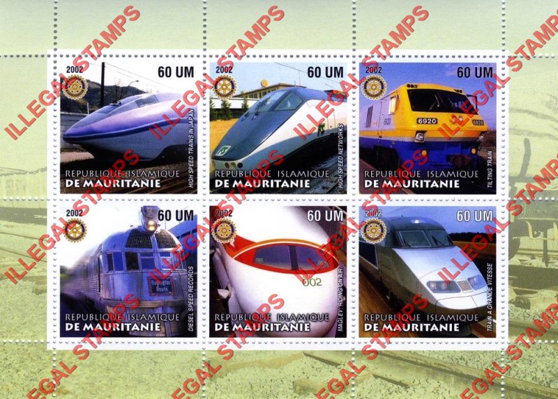 MAURITANIA 2002 Locomotives Trains with Rotary Logo Counterfeit Illegal Stamp Souvenir Sheet of 6 (Sheet 2)