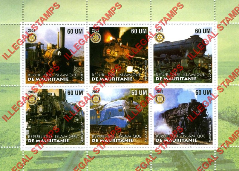 MAURITANIA 2002 Locomotives Trains with Rotary Logo Counterfeit Illegal Stamp Souvenir Sheet of 6 (Sheet 3)