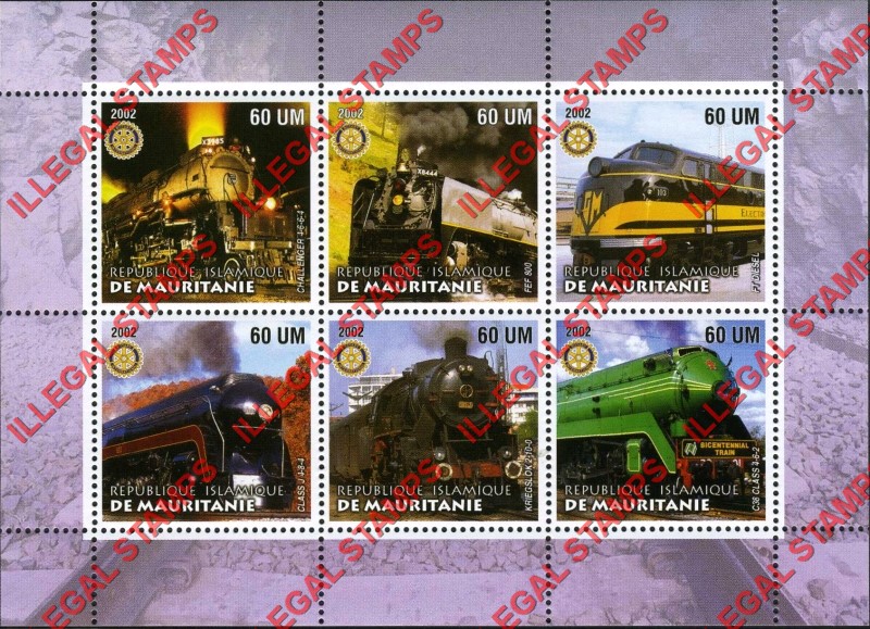 MAURITANIA 2002 Locomotives Trains with Rotary Logo Counterfeit Illegal Stamp Souvenir Sheet of 6 (Sheet 4)