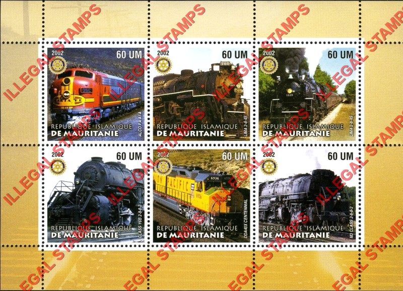 MAURITANIA 2002 Locomotives Trains with Rotary Logo Counterfeit Illegal Stamp Souvenir Sheet of 6 (Sheet 5)