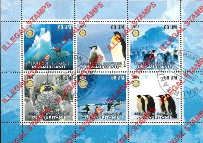 MAURITANIA 2002 Penguins with Rotary Logo Counterfeit Illegal Stamp Souvenir Sheet of 6 (Sheet 1)
