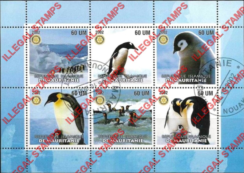 MAURITANIA 2002 Penguins with Rotary Logo Counterfeit Illegal Stamp Souvenir Sheet of 6 (Sheet 2)