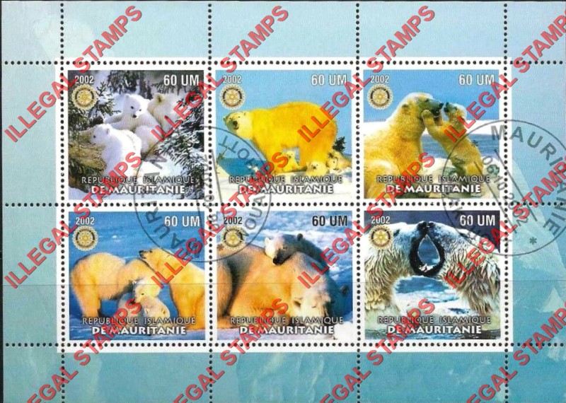 MAURITANIA 2002 Polar Bears with Rotary Logo Counterfeit Illegal Stamp Souvenir Sheet of 6 (Sheet 1)