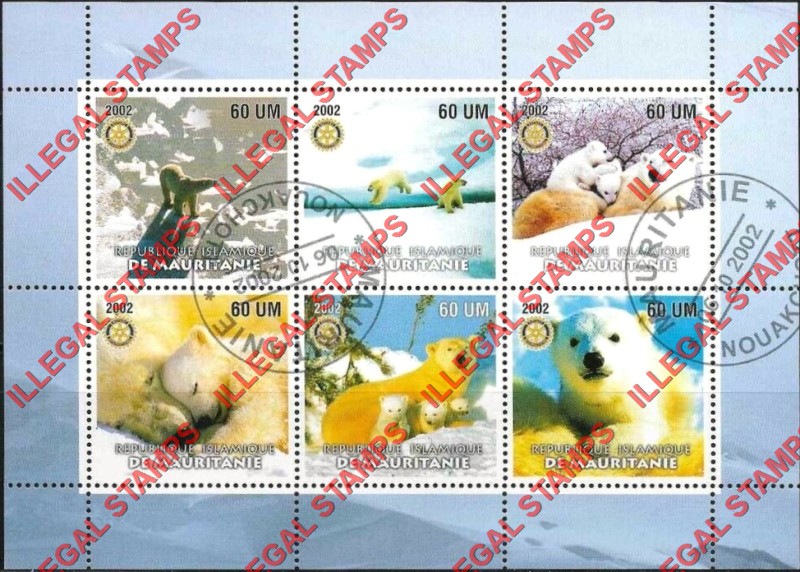 MAURITANIA 2002 Polar Bears with Rotary Logo Counterfeit Illegal Stamp Souvenir Sheet of 6 (Sheet 2)