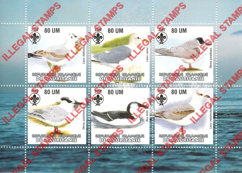 MAURITANIA 2002 Sea Birds with Scouts Logo Counterfeit Illegal Stamp Souvenir Sheet of 6 (Sheet 2)