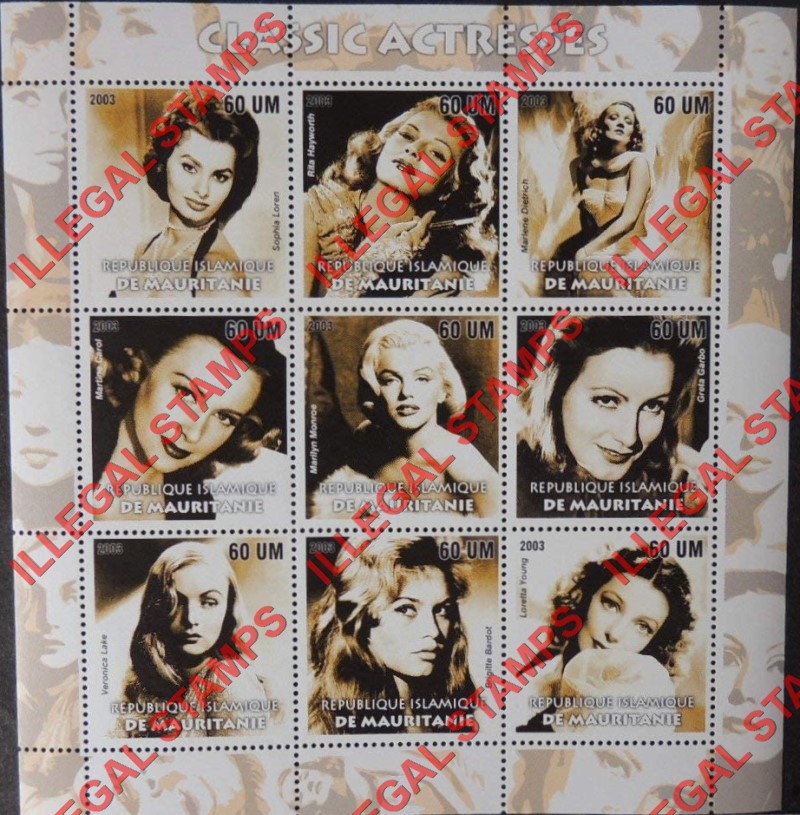 MAURITANIA 2003 Classic Actresses Counterfeit Illegal Stamp Souvenir Sheet of 9