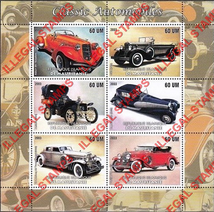 MAURITANIA 2003 Classic Automobiles Counterfeit Illegal Stamp Souvenir Sheet of 6