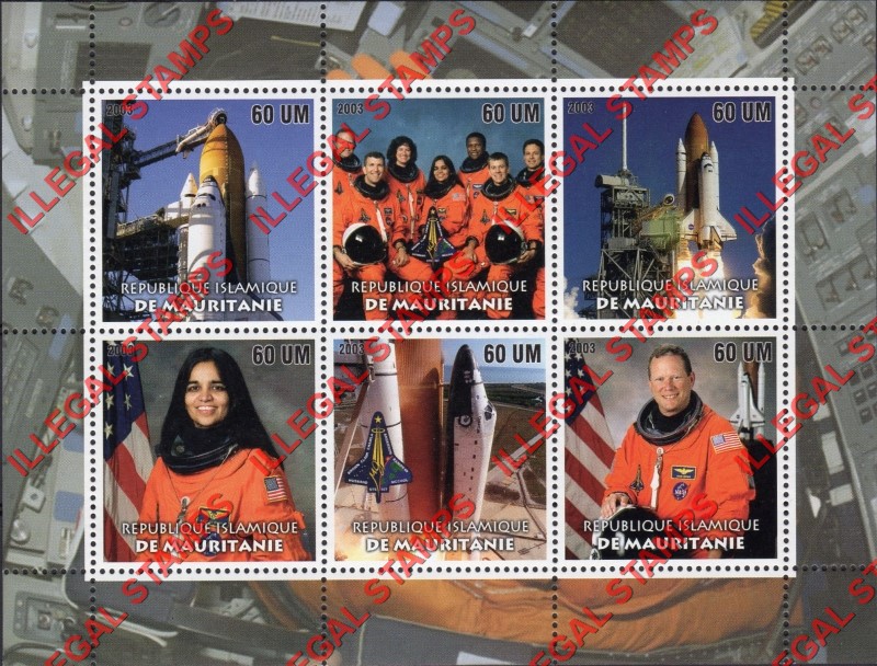 MAURITANIA 2003 Columbia Space Shuttle Disaster Counterfeit Illegal Stamp Souvenir Sheet of 6 (Sheet 1)