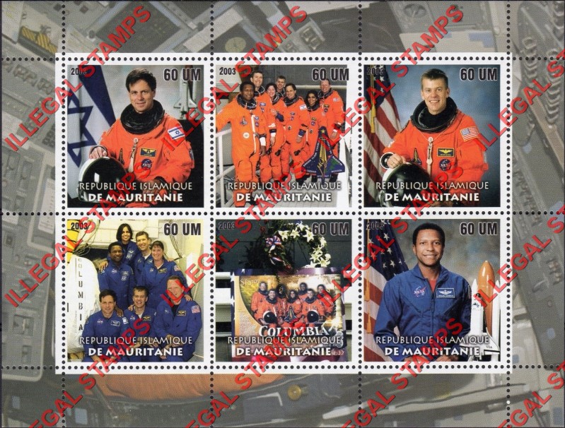 MAURITANIA 2003 Columbia Space Shuttle Disaster Counterfeit Illegal Stamp Souvenir Sheet of 6 (Sheet 2)