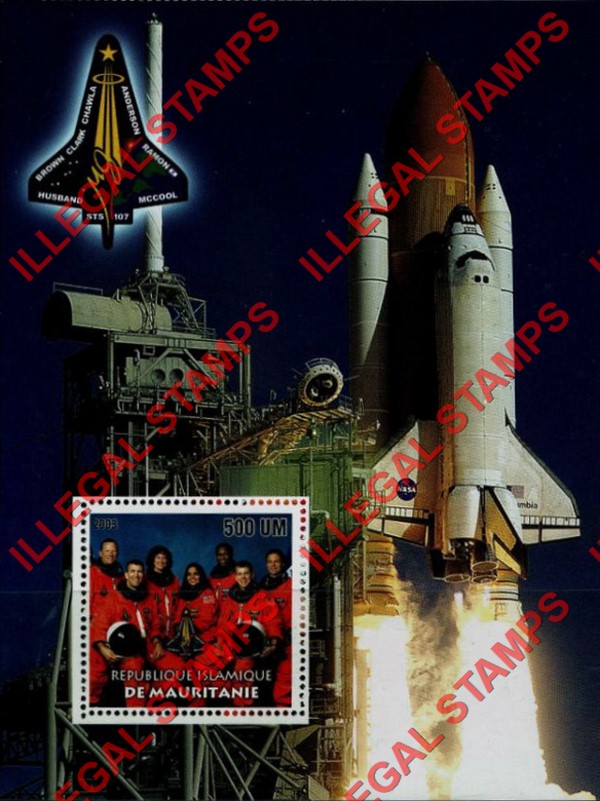 MAURITANIA 2003 Columbia Space Shuttle Disaster Counterfeit Illegal Stamp Souvenir Sheet of 1 (Sheet 2)