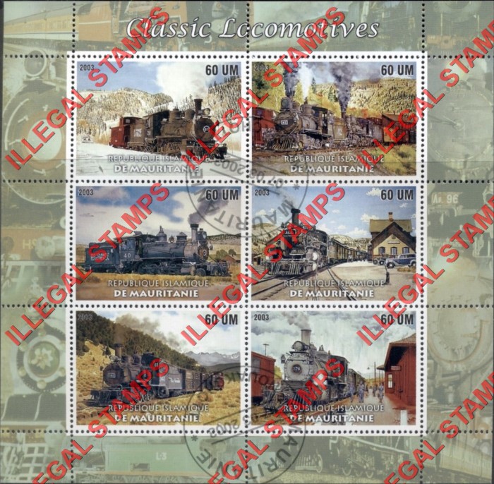 MAURITANIA 2003 Classic Locomotives Counterfeit Illegal Stamp Souvenir Sheet of 6