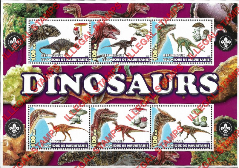 MAURITANIA 2003 Dinosaurs with Scouts Logo Counterfeit Illegal Stamp Souvenir Sheet of 6