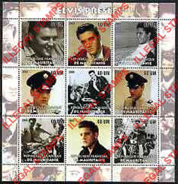 MAURITANIA 2003 Elvis Presley Counterfeit Illegal Stamp Souvenir Sheet of 9
