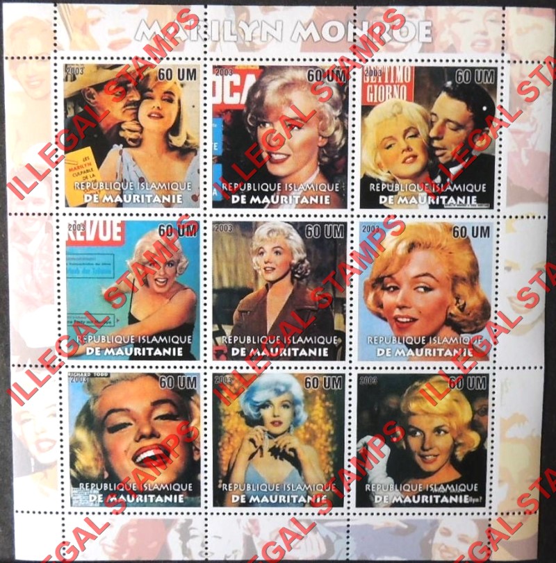 MAURITANIA 2003 Marilyn Monroe Counterfeit Illegal Stamp Souvenir Sheet of 9
