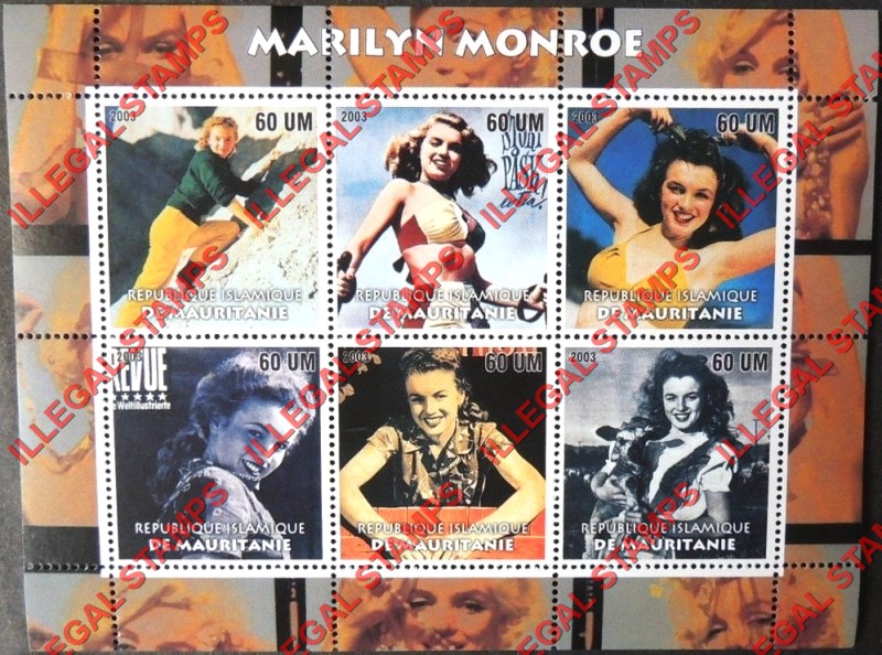 MAURITANIA 2003 Marilyn Monroe Counterfeit Illegal Stamp Souvenir Sheet of 6 (Sheet 1)