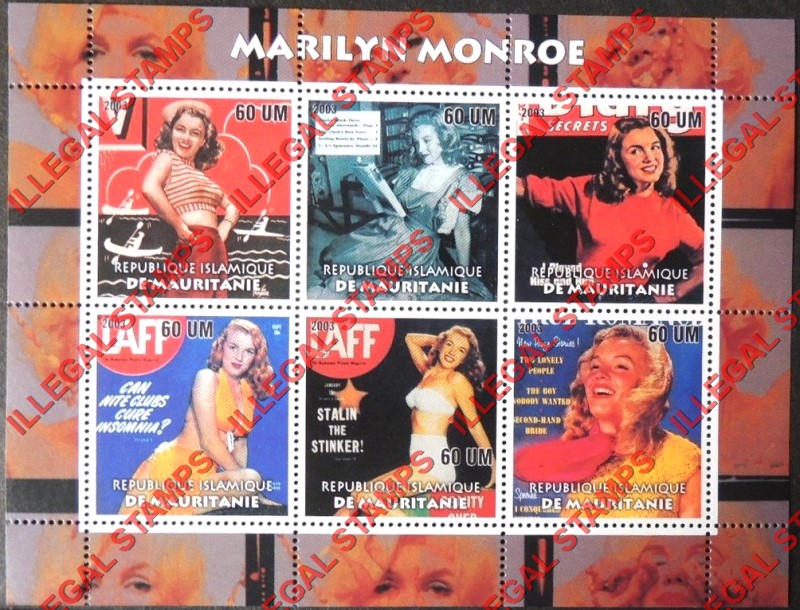 MAURITANIA 2003 Marilyn Monroe Counterfeit Illegal Stamp Souvenir Sheet of 6 (Sheet 2)