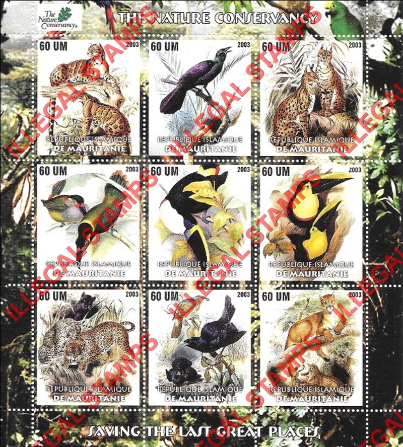 MAURITANIA 2003 Nature Conservancy Animals and Birds Counterfeit Illegal Stamp Souvenir Sheet of 9