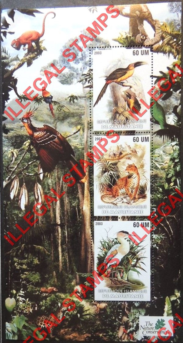 MAURITANIA 2003 Nature Conservancy Animals and Birds Counterfeit Illegal Stamp Souvenir Sheet of 3 (Sheet 1)