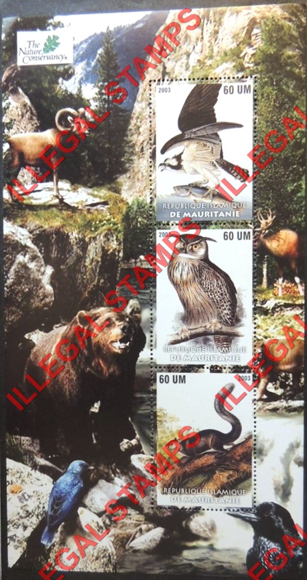 MAURITANIA 2003 Nature Conservancy Animals and Birds Counterfeit Illegal Stamp Souvenir Sheet of 3 (Sheet 2)