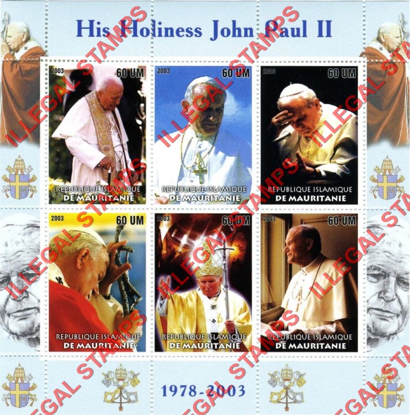 MAURITANIA 2003 Pope John Paul II Counterfeit Illegal Stamp Souvenir Sheet of 6
