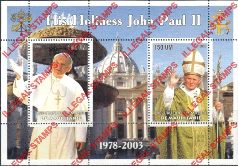 MAURITANIA 2003 Pope John Paul II Counterfeit Illegal Stamp Souvenir Sheet of 2 (Sheet 1)