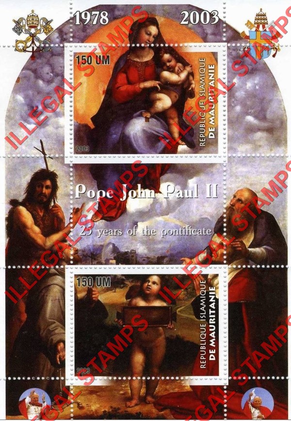 MAURITANIA 2003 Pope John Paul II Counterfeit Illegal Stamp Souvenir Sheet of 2 (Sheet 2)