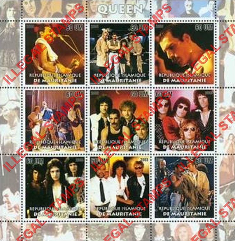 MAURITANIA 2003 Queen Rock Band Counterfeit Illegal Stamp Souvenir Sheet of 9
