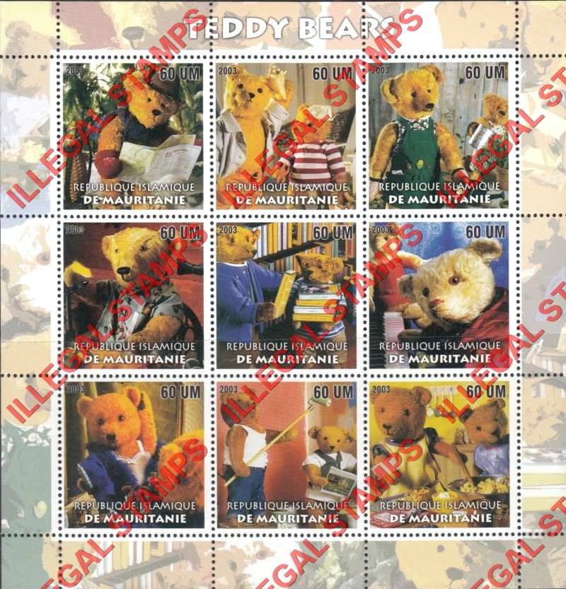 MAURITANIA 2003 Teddy Bears Counterfeit Illegal Stamp Souvenir Sheet of 9