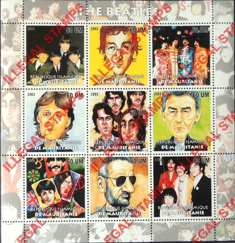 MAURITANIA 2003 The Beatles Counterfeit Illegal Stamp Souvenir Sheet of 9