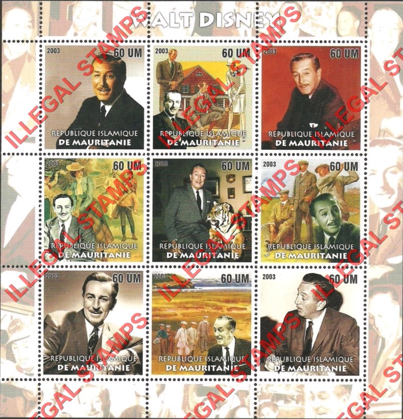 MAURITANIA 2003 Walt Disney Counterfeit Illegal Stamp Souvenir Sheet of 9
