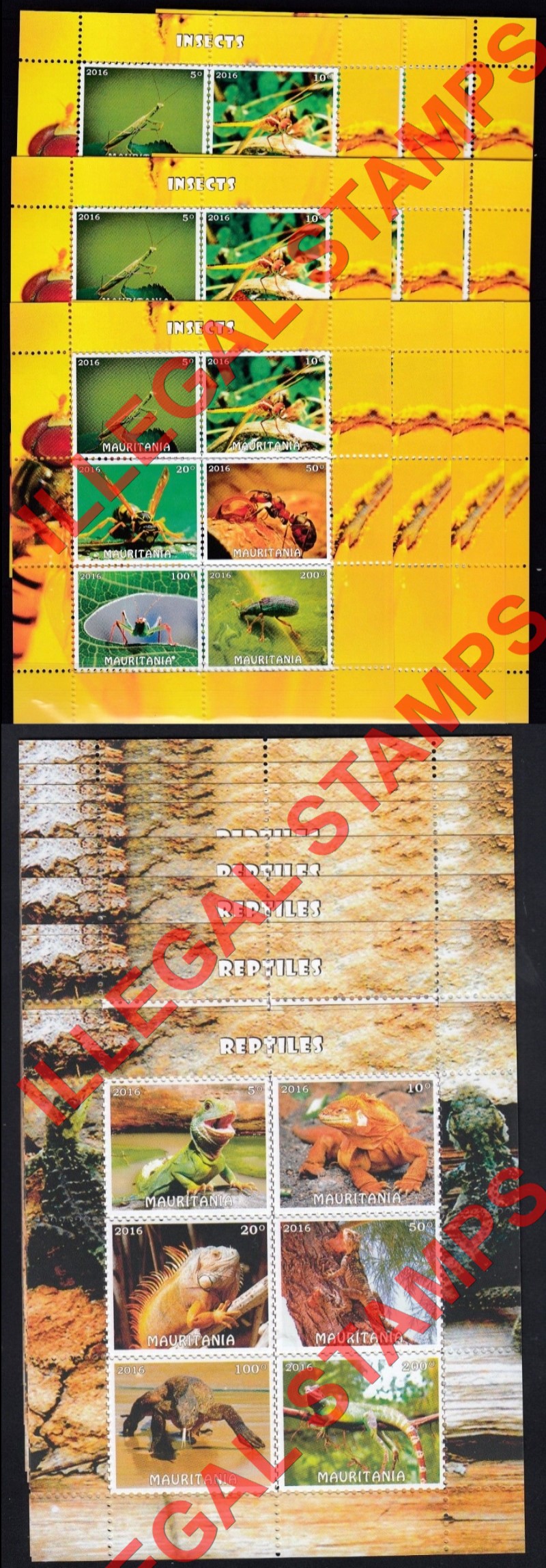 MAURITANIA 2016 Examples of Bulk Sales of Counterfeit Illegal Stamp Souvenir Sheets of 6 Dating 2016