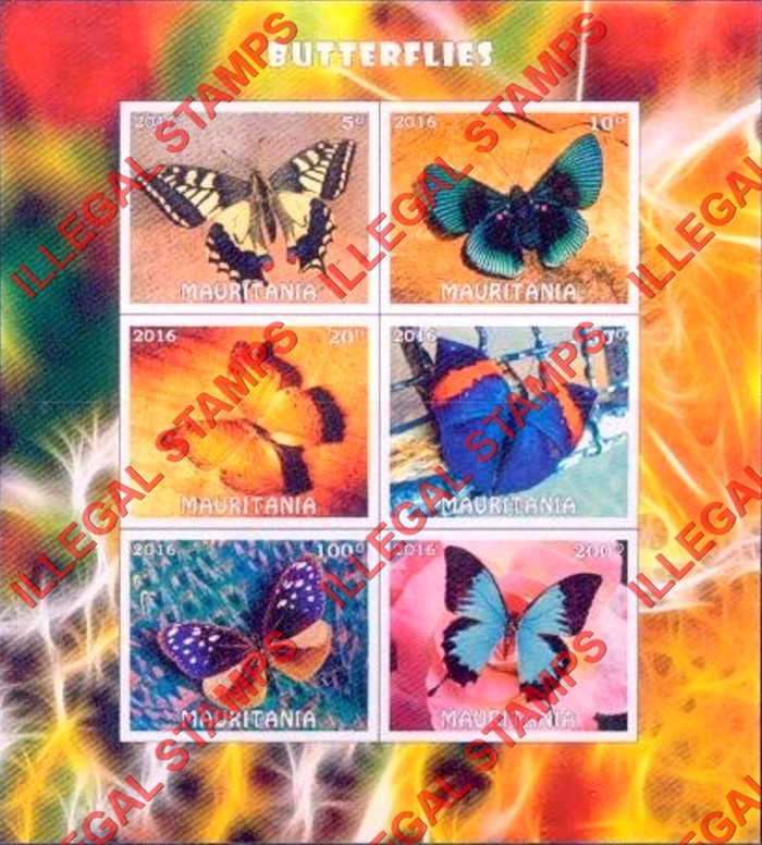 MAURITANIA 2016 Butterflies Counterfeit Illegal Stamp Souvenir Sheet of 6 (Sheet 2)