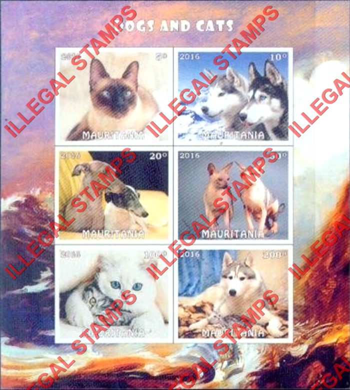 MAURITANIA 2016 Dogs and Cats Counterfeit Illegal Stamp Souvenir Sheet of 6
