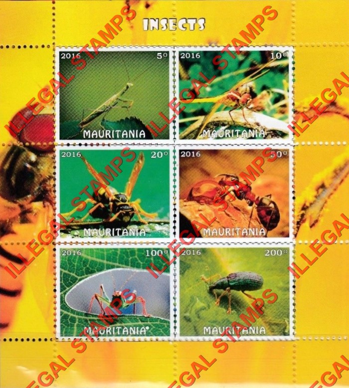 MAURITANIA 2016 Insects Counterfeit Illegal Stamp Souvenir Sheet of 6
