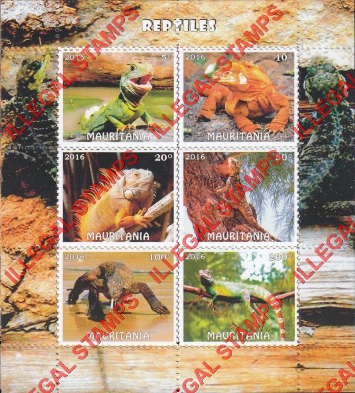 MAURITANIA 2016 Reptiles Counterfeit Illegal Stamp Souvenir Sheet of 6
