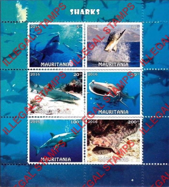 MAURITANIA 2016 Sharks Counterfeit Illegal Stamp Souvenir Sheet of 6