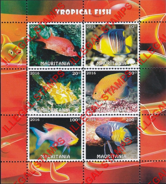 MAURITANIA 2016 Tropical Fish Counterfeit Illegal Stamp Souvenir Sheet of 6 (Sheet 2)