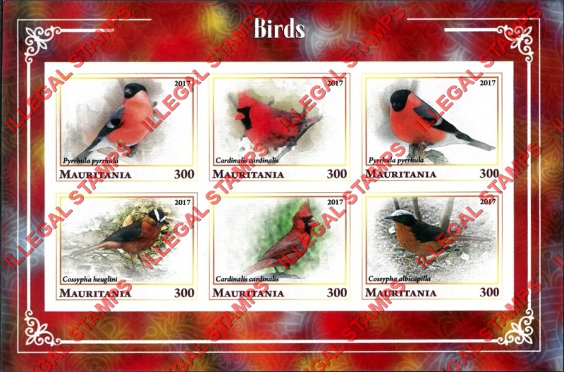 MAURITANIA 2017 Birds Counterfeit Illegal Stamp Souvenir Sheet of 6 (Sheet 1)