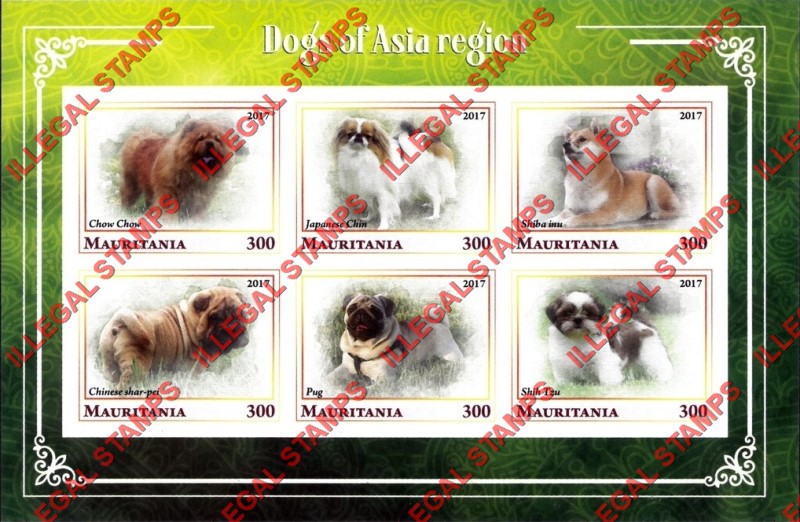 MAURITANIA 2017 Dogs of the Asia Region Counterfeit Illegal Stamp Souvenir Sheet of 6 (Sheet 1)